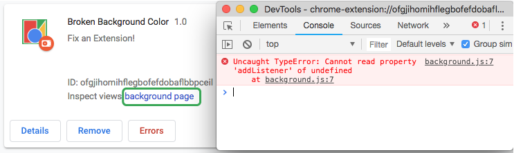 DevTools displaying background script error