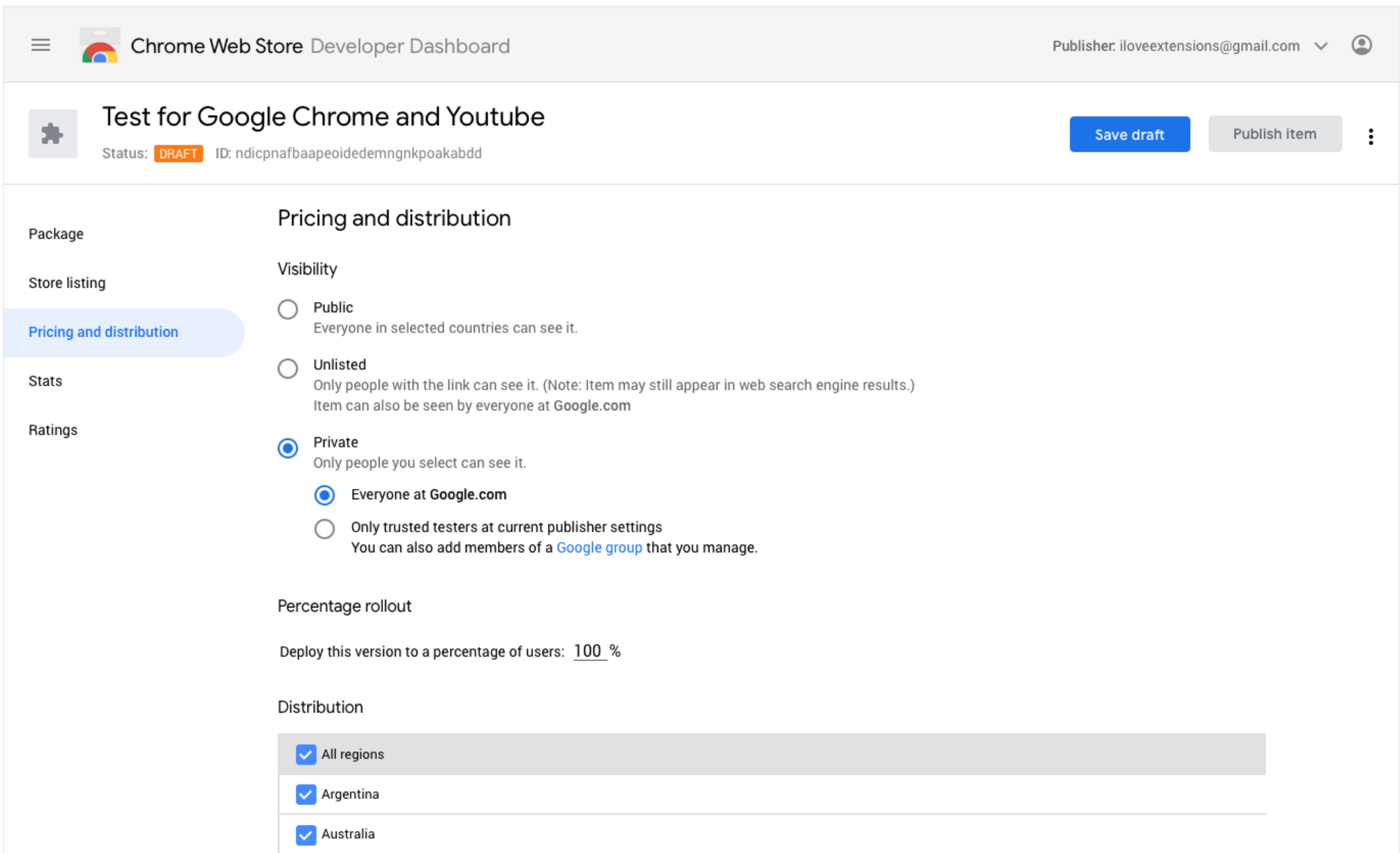 Screenshot of the Chrome Web Store fractional rollout field