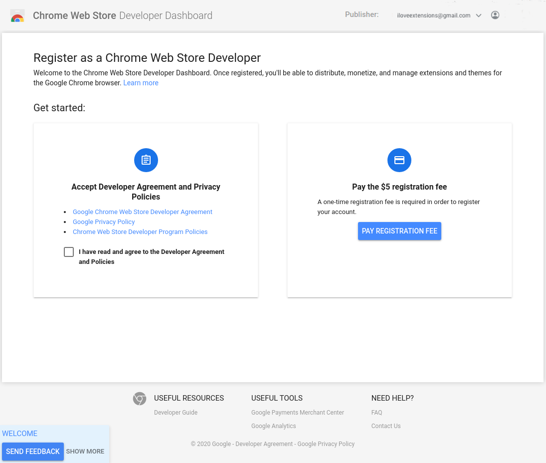 Screenshot of the Chrome Web Store developer registration page